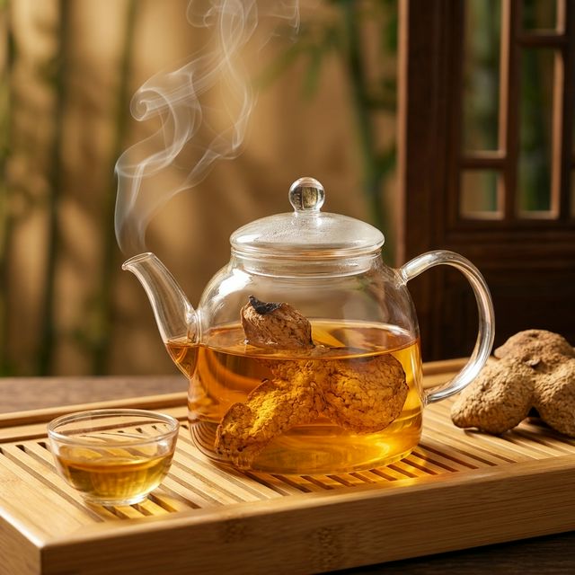 新会陈皮沸水冲泡场景,金黄色茶汤清亮透澈