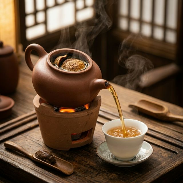 陈皮白茶陶壶煮饮场景,琥珀金黄色茶汤