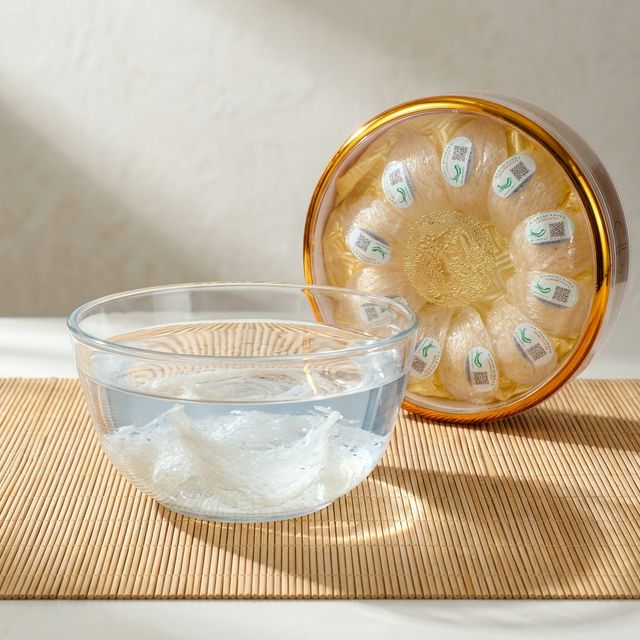 干燕窝纯净水泡发过程展示，丝条膨胀晶莹