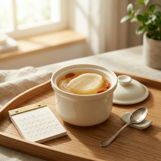 花姿盛炖燕窝早餐场景,晨光中的金色燕窝汤