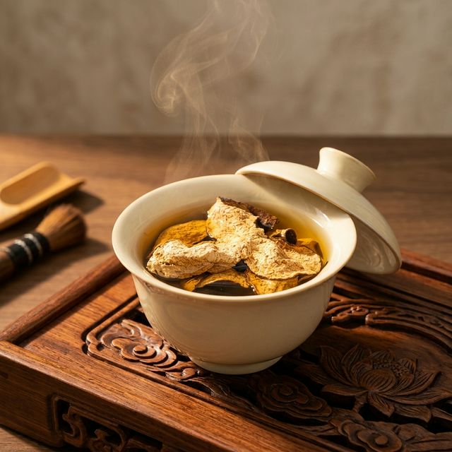 新会陈皮盖碗冲泡场景，金黄汤色蒸汽缭绕