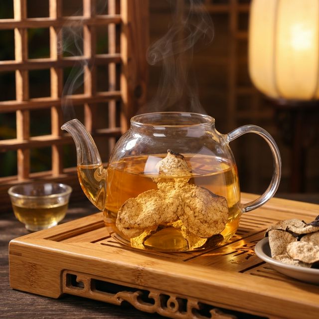 新会陈皮泡水冲饮场景，汤色金黄透亮