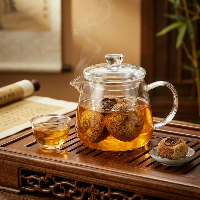 陈皮泡水冲饮场景，金黄茶汤与传统茶具