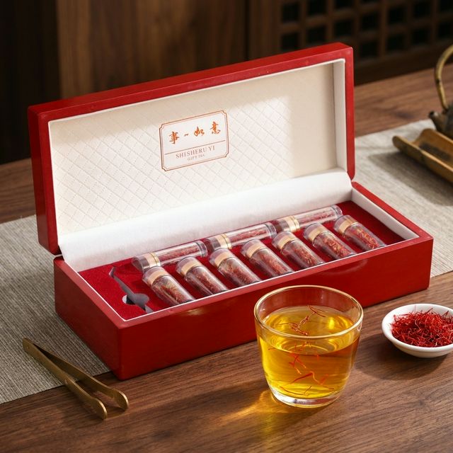 藏红花泡水场景，金黄色茶汤配深色木桌