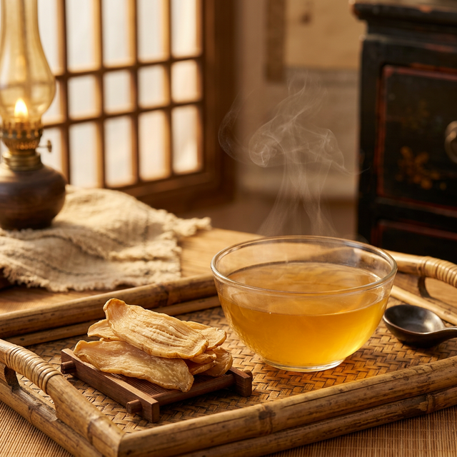 天麻炖汤金色汤液搭配竹制托盘养生场景