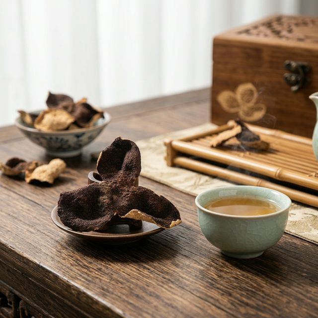 新会陈皮泡水场景,金黄茶汤与传统茶具