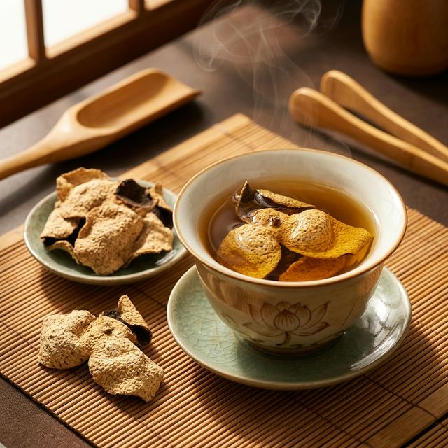 新会陈皮盖碗冲泡实景,金黄茶汤配竹制茶席