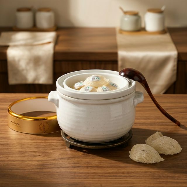 燕窝隔水慢炖场景，传统白瓷炖盅