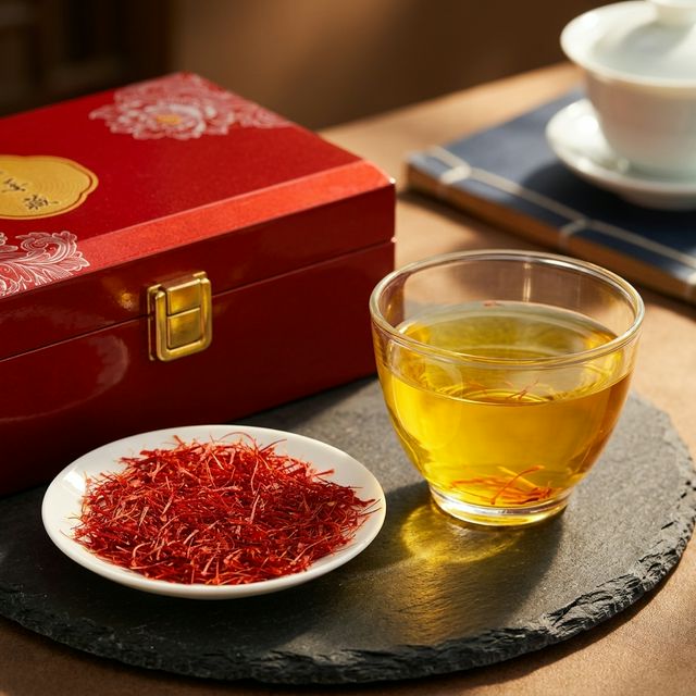 藏红花泡茶场景，金黄色茶汤与石板杯垫