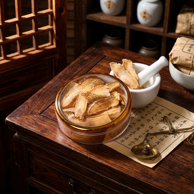 天麻在中医药房案台上搭配传统药具品鉴场景