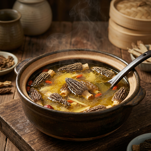 羊肚菌煲鸡汤烹饪过程,金黄汤色搭配完整菌体