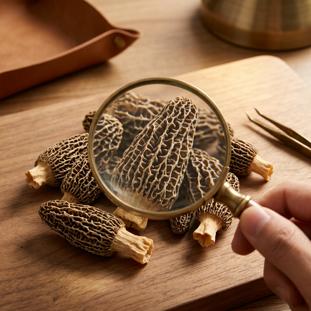 放大镜检查羊肚菌蜂窝纹理细节，品质鉴定场景