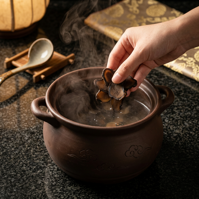 鹿茸蜡片砂锅炖煮传统养生场景