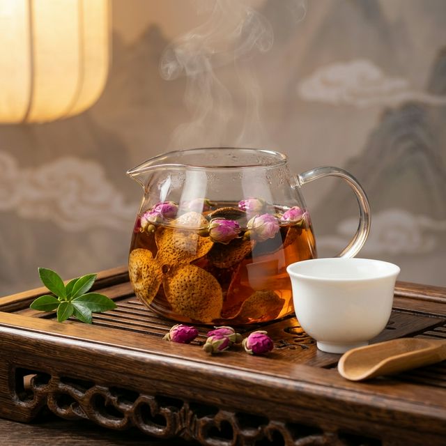 花姿盛陈皮玫瑰花茶冲泡场景,琥珀金色茶汤温润呈现