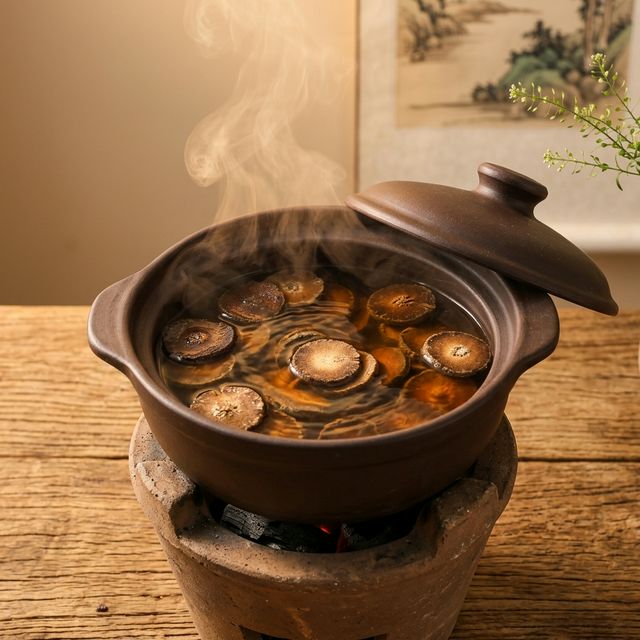 花姿盛化橘红在陶壶中煎煮，温润茶汤缓缓倒出