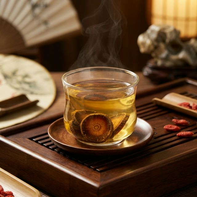 花姿盛化橘红片冲泡中，琥珀金黄茶汤搭配传统茶具