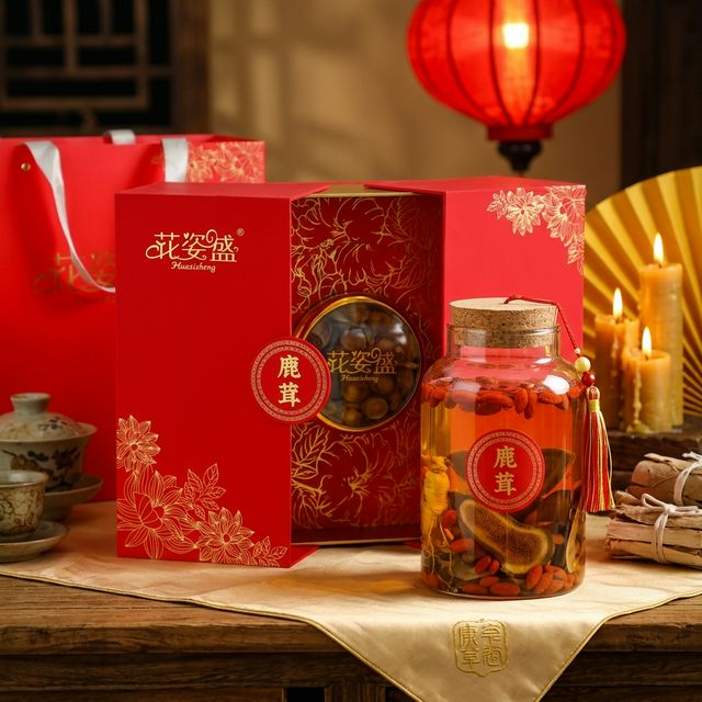 花姿盛鹿茸泡酒场景，蜡片在白酒中缓缓释放精华