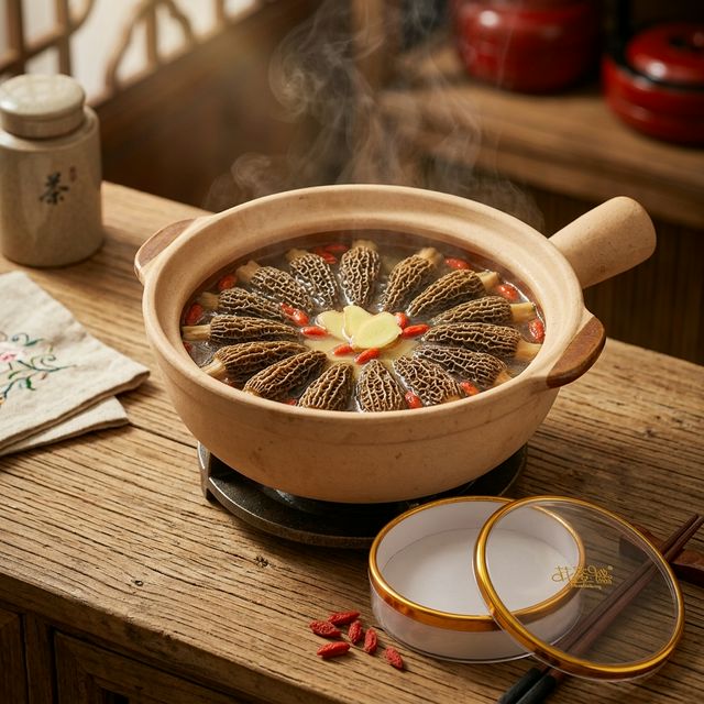 花姿盛羊肚菌鸡汤煲制场景，浓郁鲜汤热气腾腾