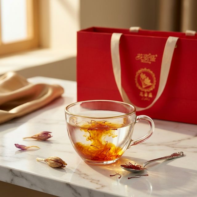 花姿盛藏红花在玻璃杯中泡水，金黄色茶汤清透
