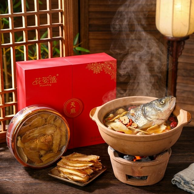 花姿盛天麻鱼头汤煲制场景，奶白色汤品浓郁鲜香