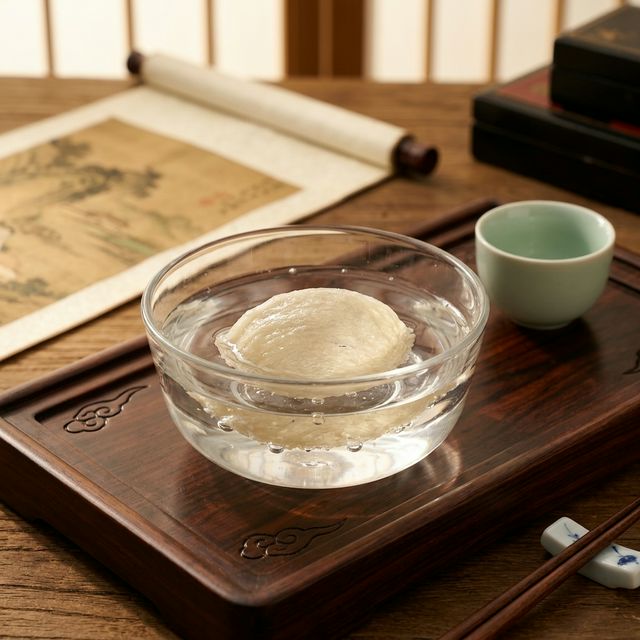 花姿盛燕窝泡发过程，燕丝在清水中透明舒展