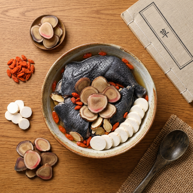 鹿茸蜡片搭配乌鸡枸杞山药炖汤食材