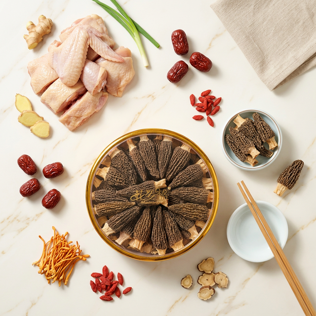 羊肚菌搭配红枣枸杞鸡肉的养生食材组合