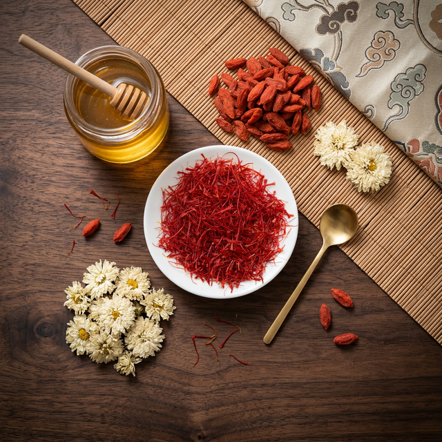 藏红花搭配枸杞蜂蜜菊花养生食材