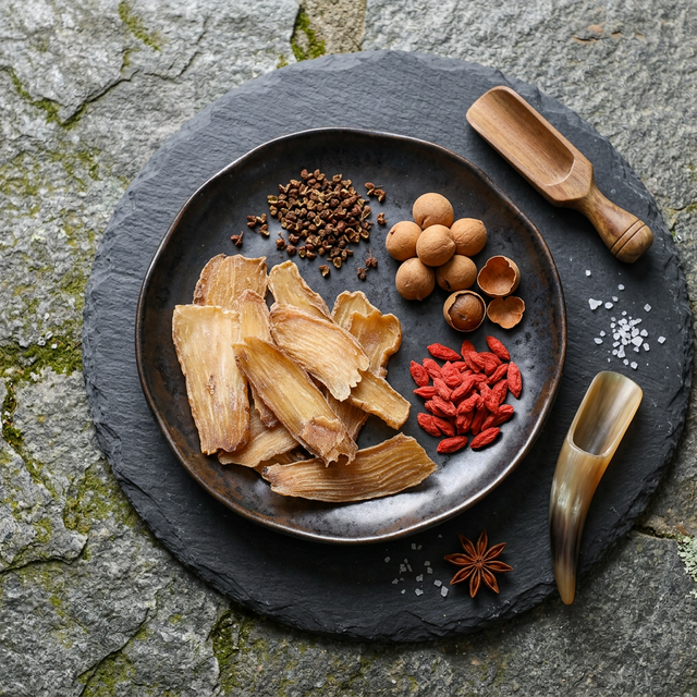 天麻搭配养生食材静物展示，桂圆枸杞组合