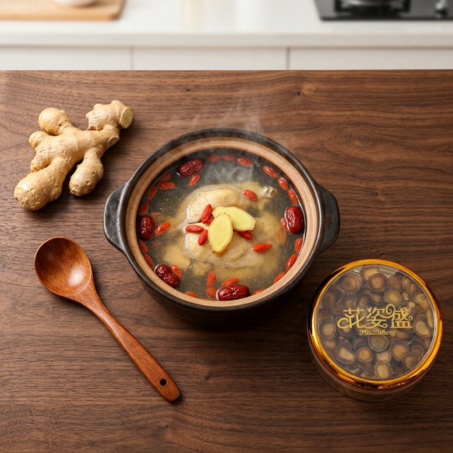 鹿茸蜡片搭配鸡汤枸杞生姜炖煮养生场景