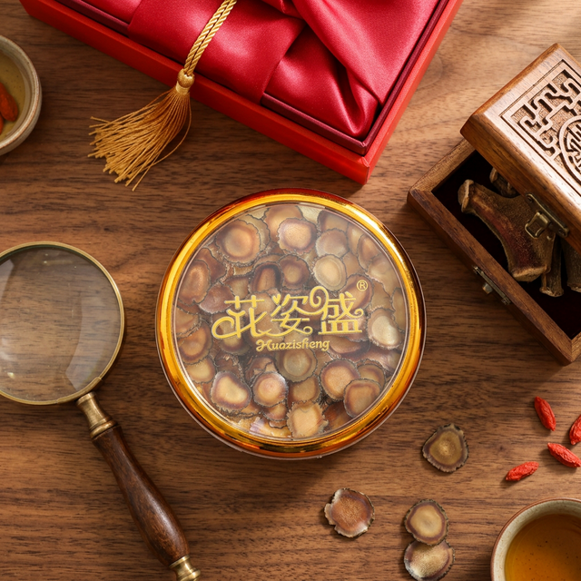 花姿盛鹿茸蜡片礼盒包装与放大镜品鉴展示