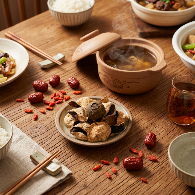 陈皮搭配红枣枸杞煲汤，家庭餐桌温馨养生