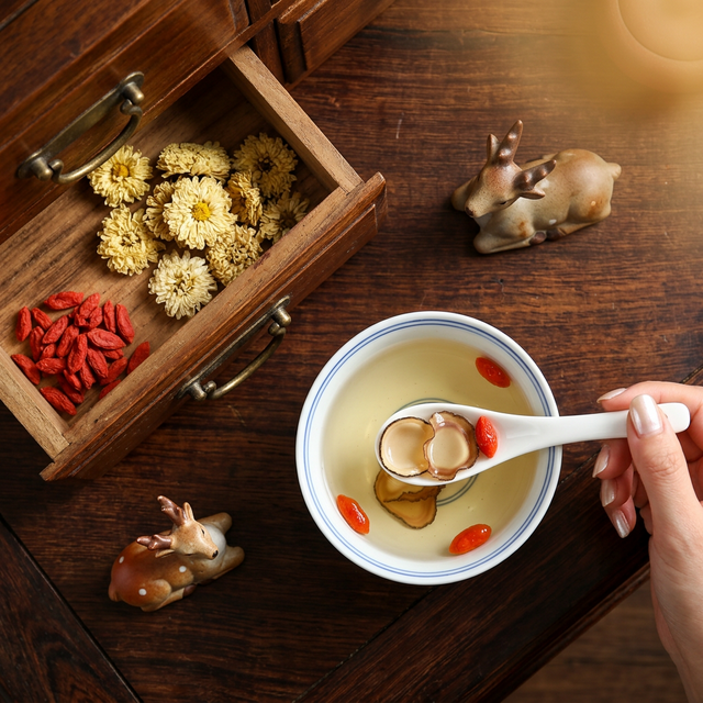 鹿茸蜡片搭配中药柜菊花茶传统养生展示