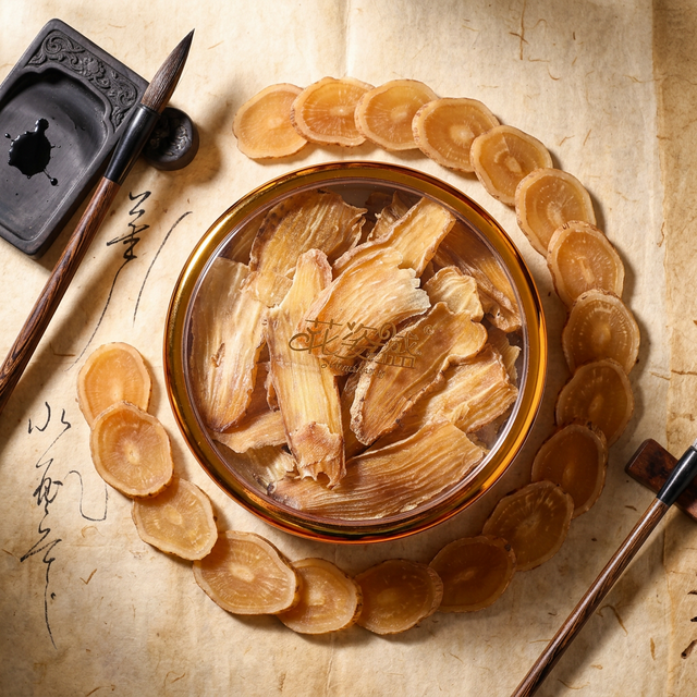 天麻切面文化意境,宣纸上笔墨砚台旁的琥珀色断面