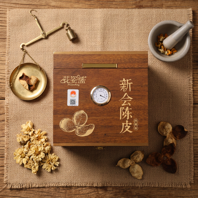 陈皮搭配传统中药秤和研钵的药用场景