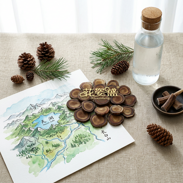 鹿茸蜡片搭配长白山水彩地图松果矿泉水展示