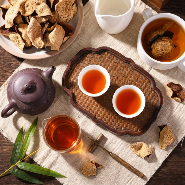 陈皮搭配紫砂壶琥珀色茶汤,展示陈化收藏的品饮价值