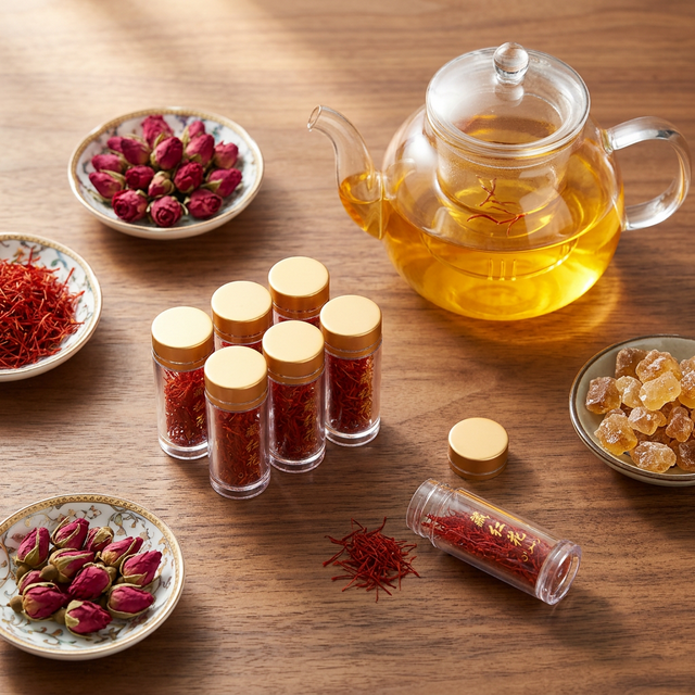 藏红花搭配玫瑰花和冰糖的养生饮品组合