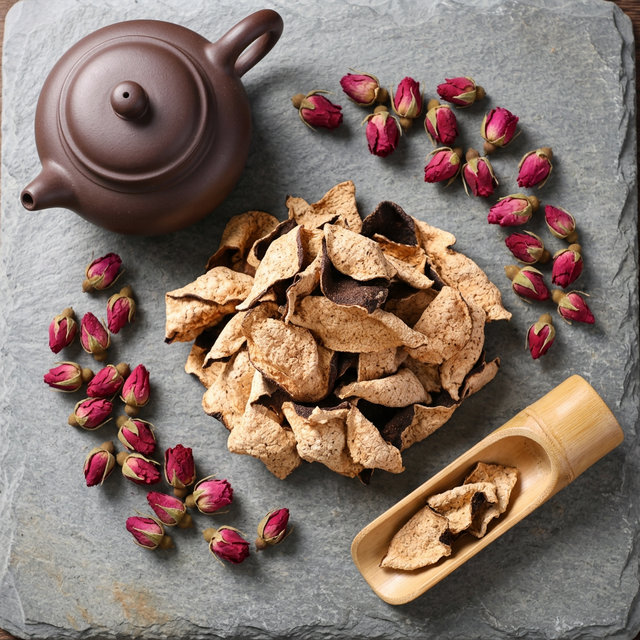 陈年陈皮搭配紫砂壶和玫瑰花的养生茶饮