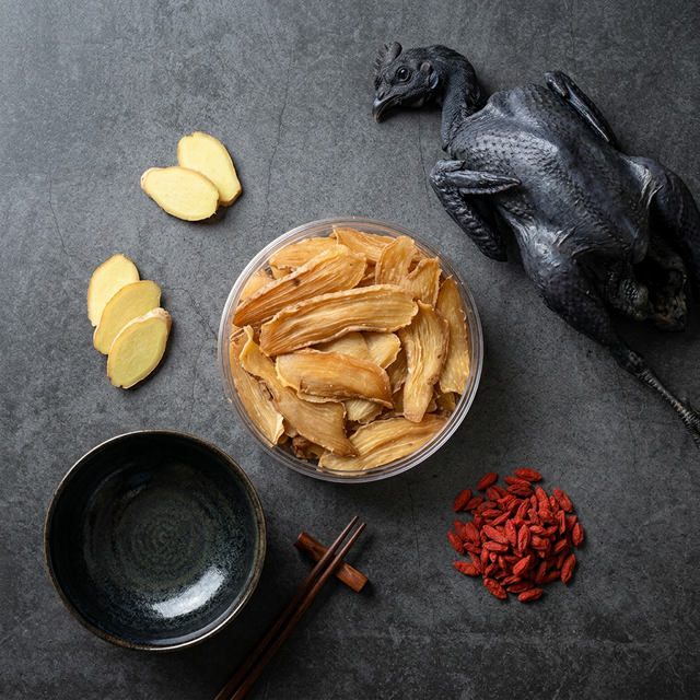 天麻搭配乌鸡生姜枸李的炖汤食材组合