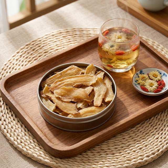 天麻搭配菊花枸李的养生茶饮场景