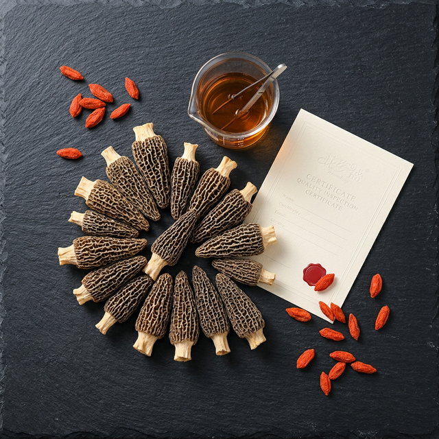 花姿盛羊肚菌搭配品质检测元素静物摆拍