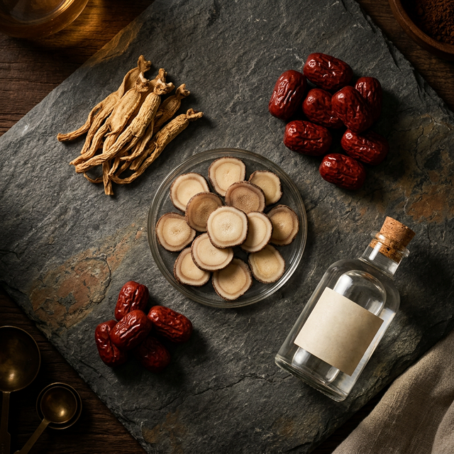 鹿茸蜡片搭配人参红枣米酒的温补食材组合