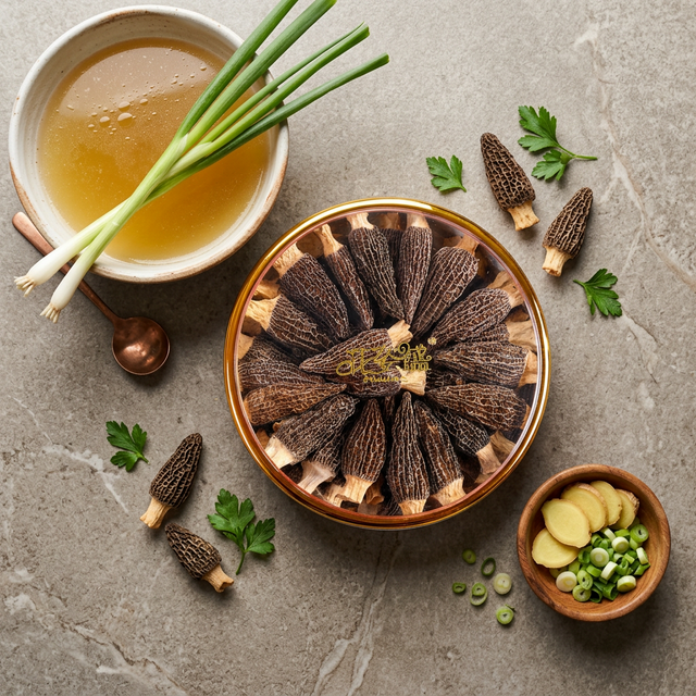 花姿盛羊肚菌搭配鸡汤葱姜烹饪场景