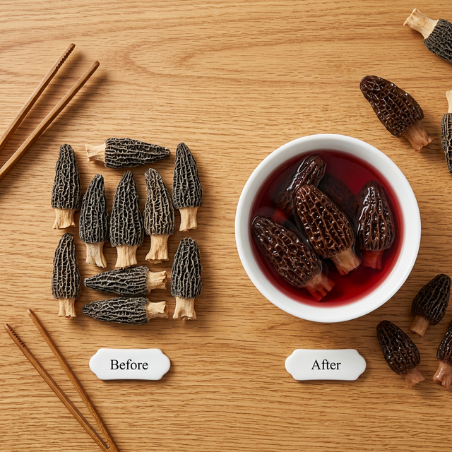 花姿盛羊肚菌冻干品与泡发复水后对比