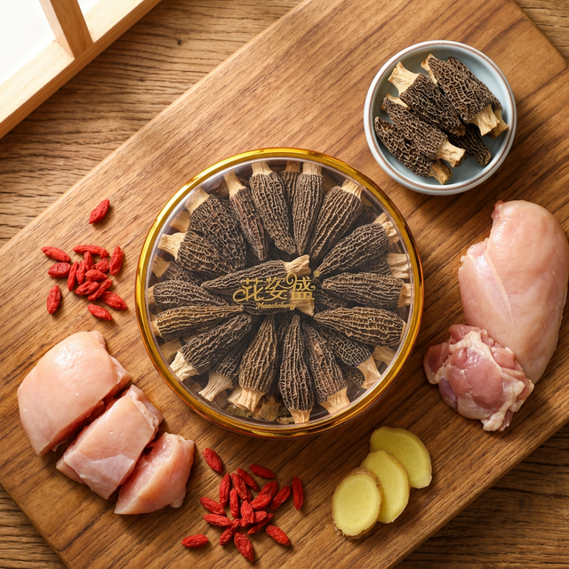 花姿盛羊肚菌搭配鸡肉枸杞准备炖汤