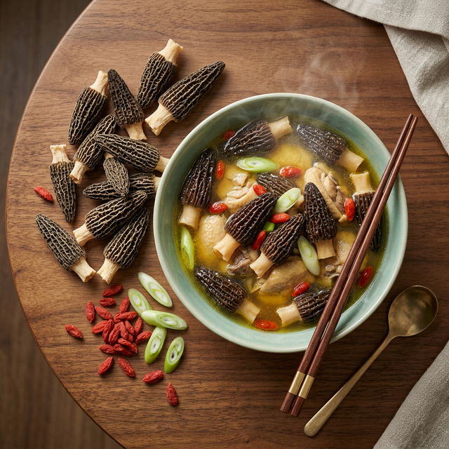 花姿盛羊肚菌炖鸡汤成品,汤色金黄搭配枸杞