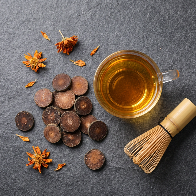 化橘红搭配金黄茶汤和橘花的养生冲泡组合