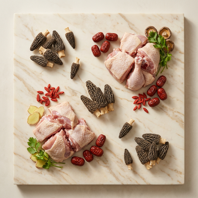 羊肚菌搭配土鸡红枣枸杞养生炖汤食材平铺图