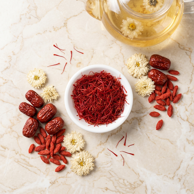 藏红花搭配红枣枸杞养生组合平铺展示
